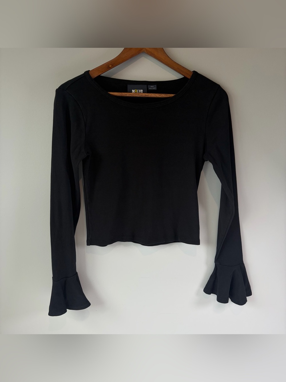 Anthropologie Maeve Black 100% Cotton Scoop Neck Flutter Sleeve Knit Top Size XS